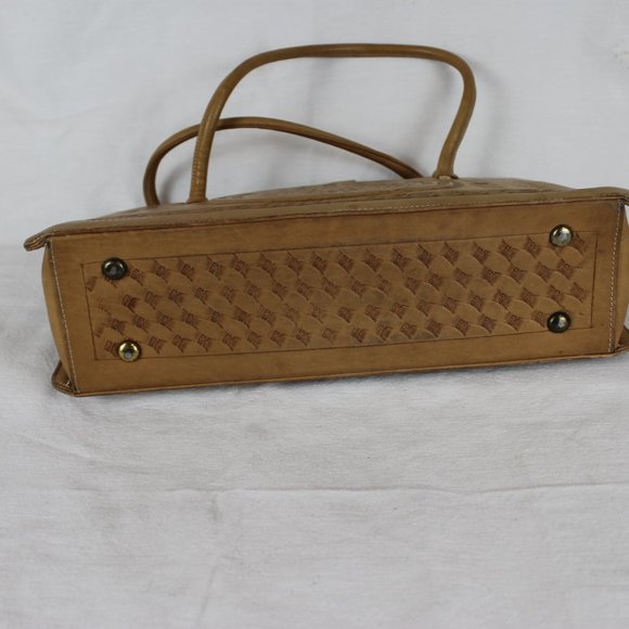 VTG AZTEC MEXICAN LEATHER FIESTA Purse Large Handtooled Tan Leather Shoulder Bag